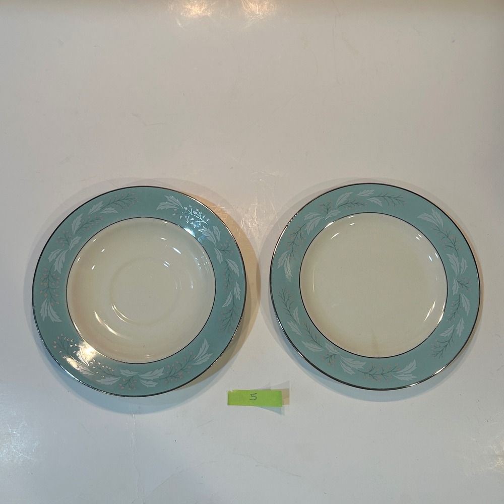 Vtg Homer Laughlin Cavalier Eggshell Teal Silver Wheat 6in Plates Set of 2 50s